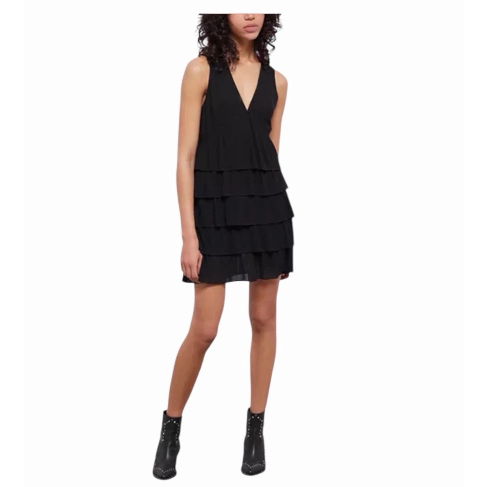 The Kooples Sleeveless Tiered Babydoll Mini Black Dress Size 2 Nwt Parisian Cool
